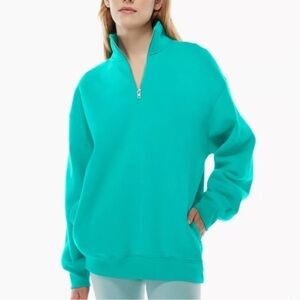 Aritzia TNA Cozy Fleece Mega Fit Green Quarter Zip Pullover Size 1 or XS